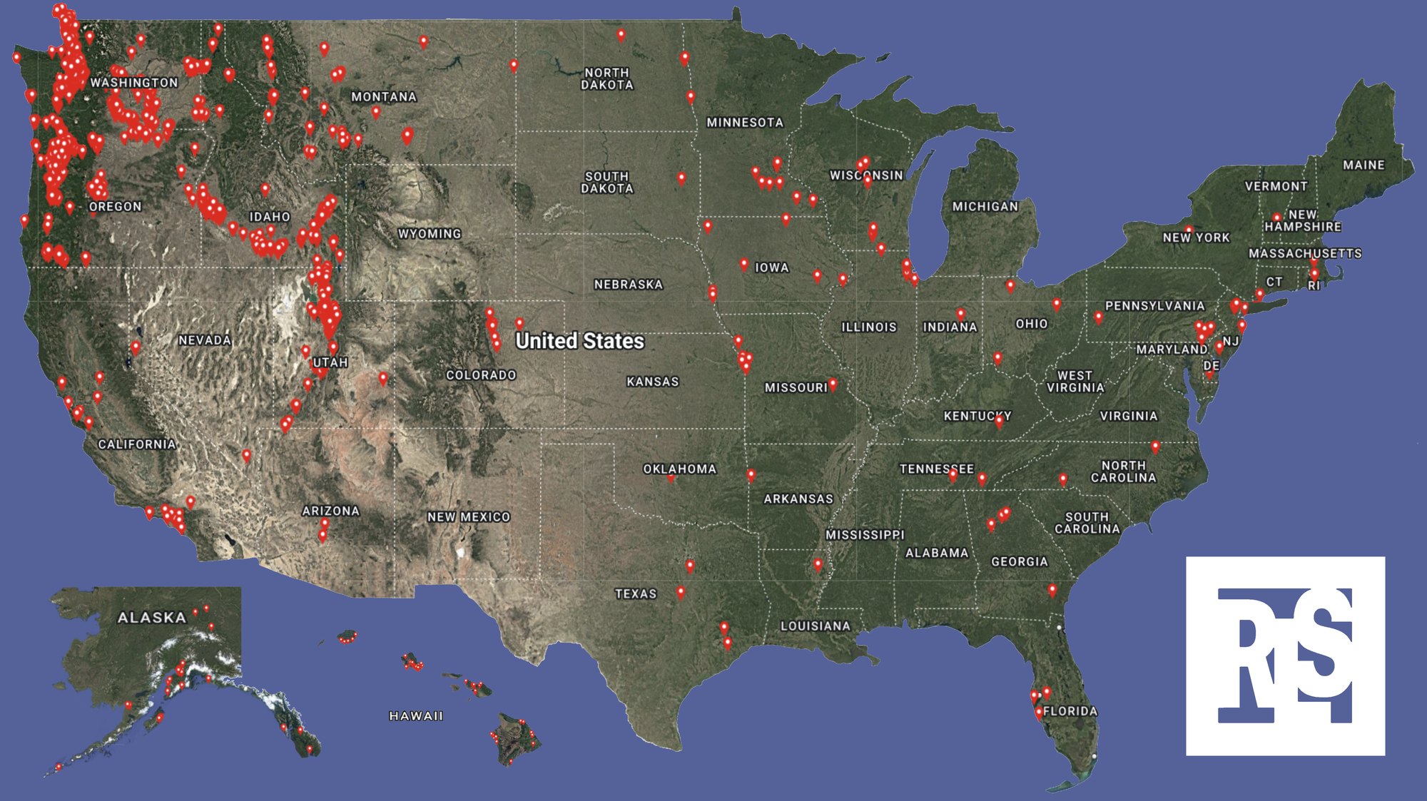 Satellite map of the United States, Alaska, and Hawaii showing pins at more than 2,000 R.L. Scott customer locations